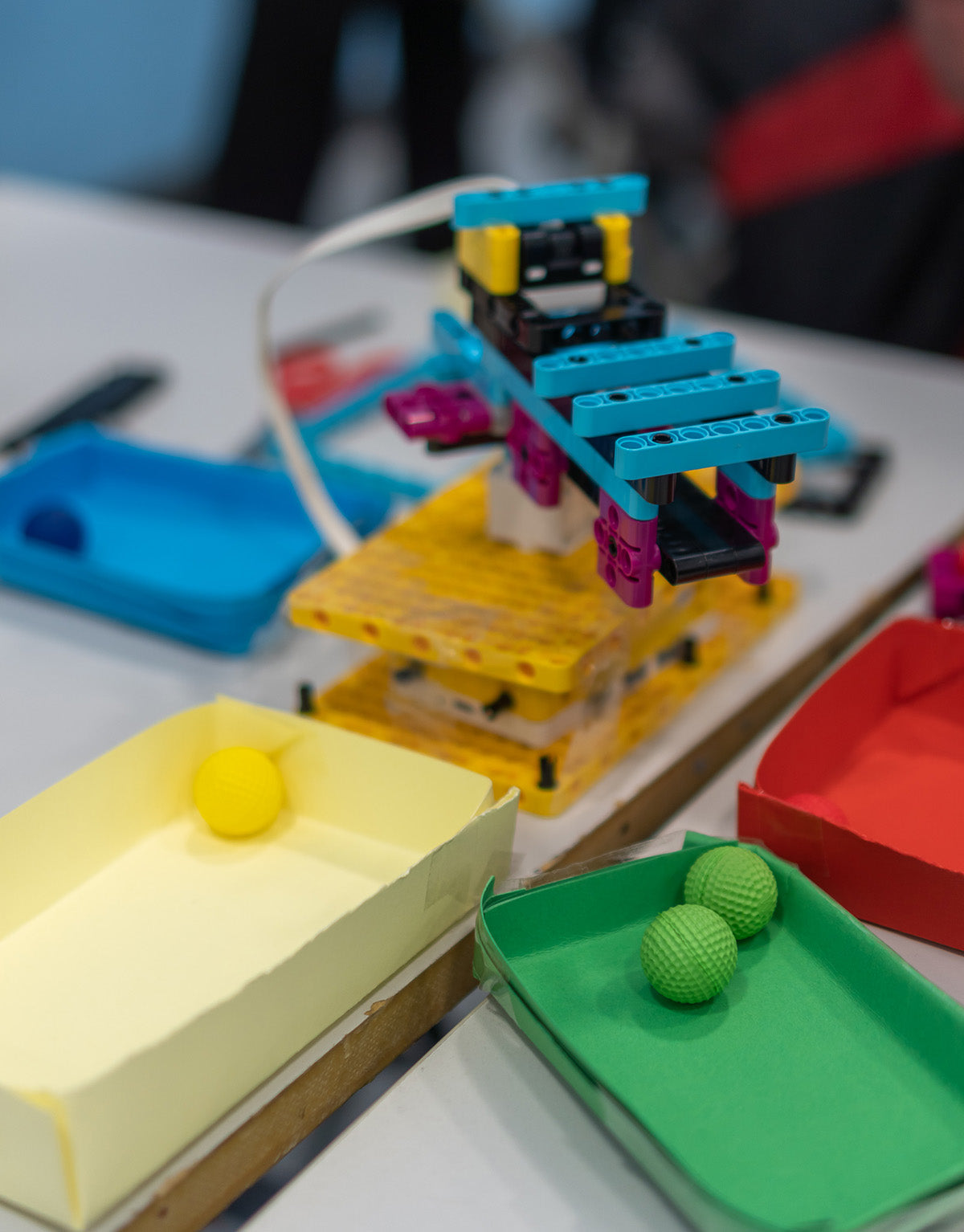 Student's custom colour-based ball sorter programmed and made during that workshop